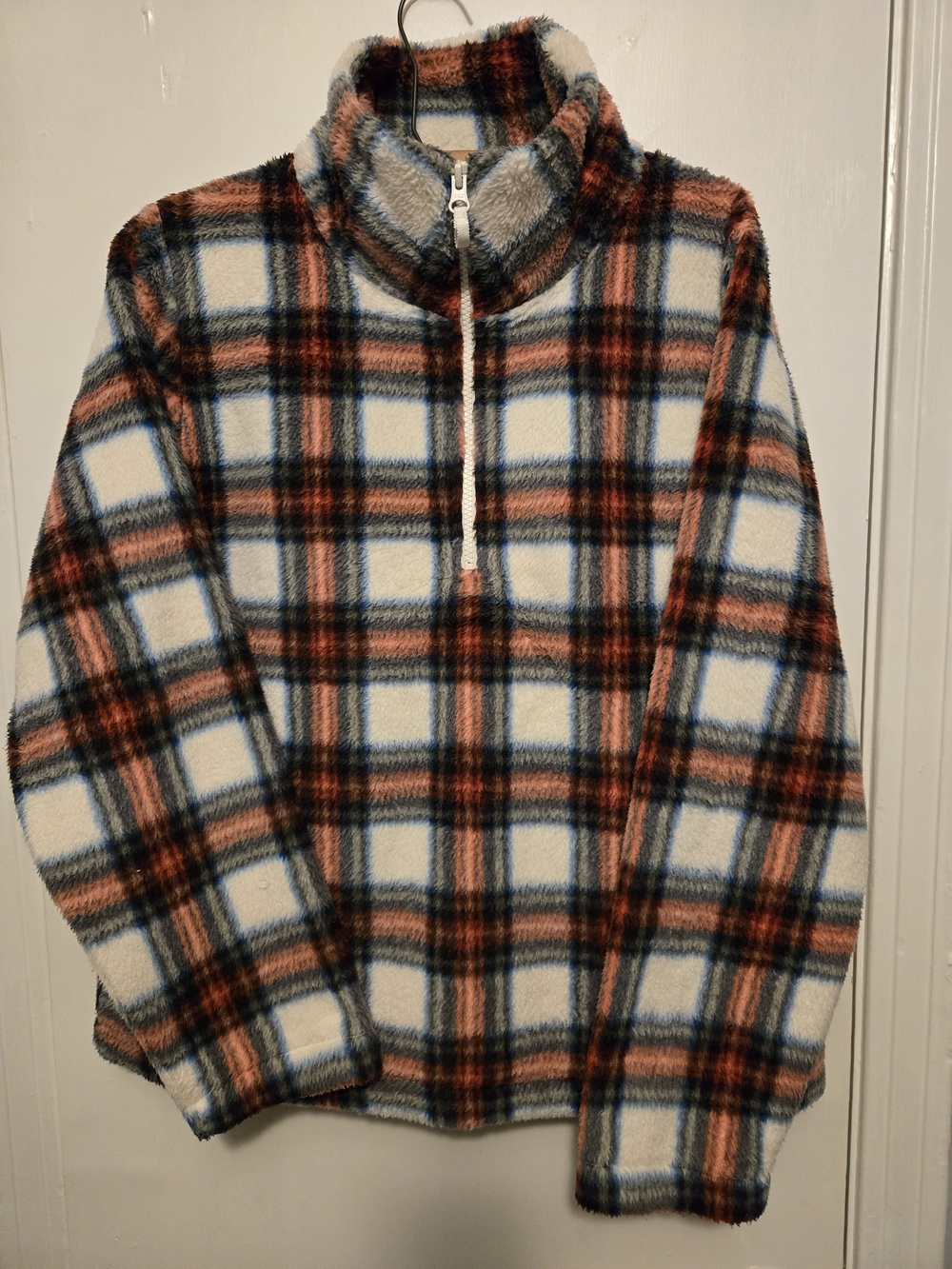 J. Crew Factory Tartan Sherpa Half-Zip Pullover Fleece Plaid Marine Salt M
